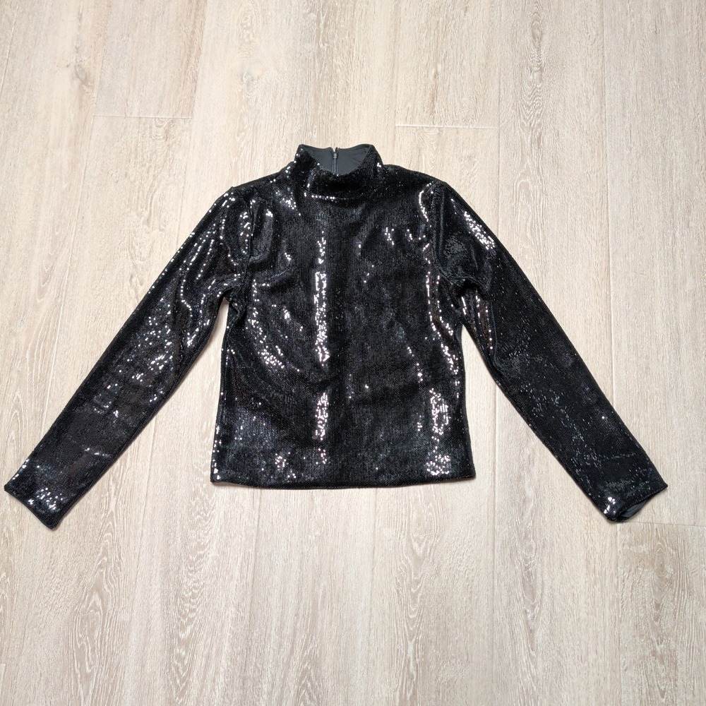 Express Body‎ Contour Black Sequin Mock Neck Long Sleeve Top Back Zip Medium